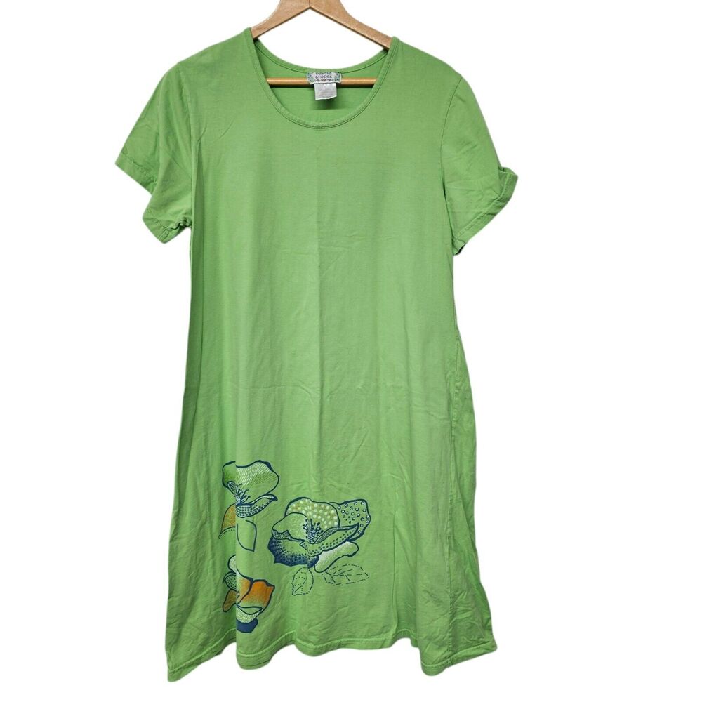 Womens Floral Knee Length T Shirt Dress Size L Green Cover‎ Up Flowy